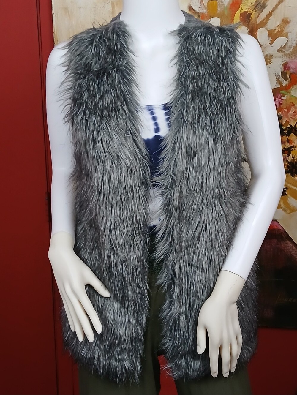 Xhilaration Gray Faux Fur Front Aztec Knit Back Vest Size XS